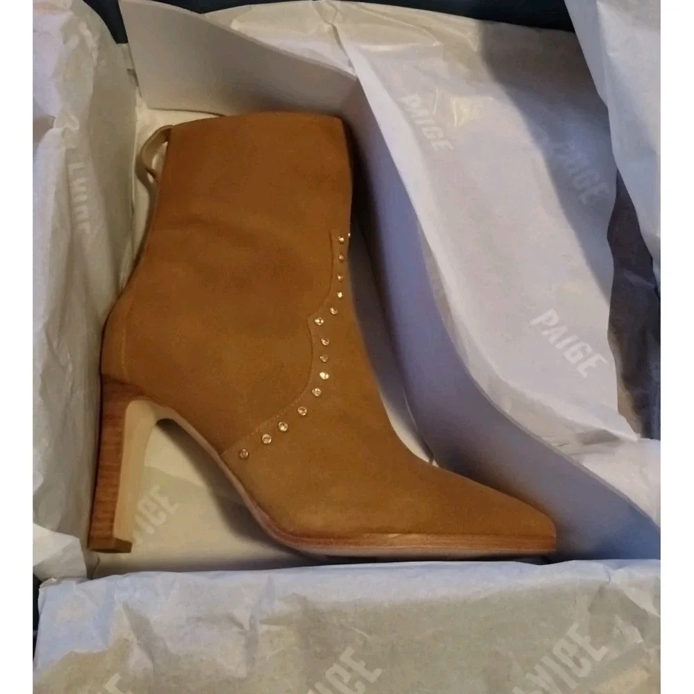 Paige Pointed Toe Casey Boots Cognac Leather Crystal Heels Women's‎ 8 Western